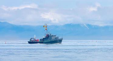 Naval minesweeper in Avacha bay on Kamchatka. Selective focus photo