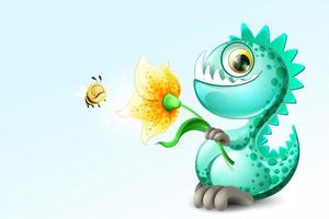 dinosaurio con flor y abeja vector