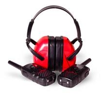 two black walkie-talkie antennas red earmuffs photo