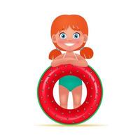 Cute little girl in Swimsuit with Inflatable circle for swimming. Cartoon Vector Illustration in 3D style