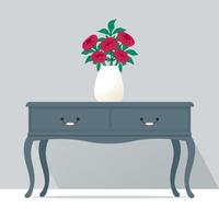 Grey old vintage table with bouquet of peony flowers. Vector illustration in flat style