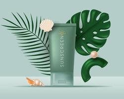 Banner with Summer cosmetic product, tropical leaves, shells. Vector 3D realistic illustration