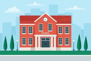 School building on city background. Old schoolhouse exterior, return to study, back to school concept. Vector illustration in flat style