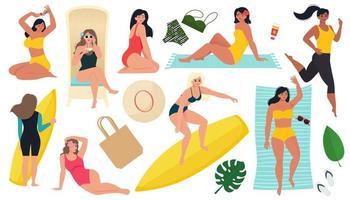 Summer set. Women restings in swimsuits. Vector isolated illustration in flat style