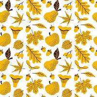 Autumn seamless pattern with leaves, berries, mushroom, apple, pear. Hand drawn vector illustration in scandinavian style