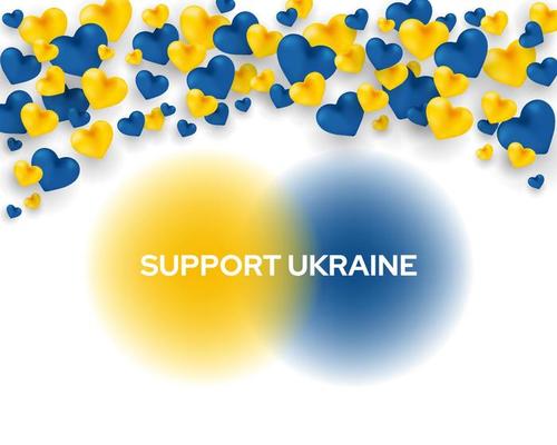 Support Ukraine concept banner. Yellow and Blue hearts, Ukrainian National Flag Colours, 3D Hearts Border. Stop War, Save Ukraine