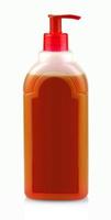red bottle with shampoo with dispenser on white background photo