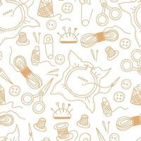 Seamless pattern with items for sewing and knitting. Needles, threads, scissors hoops with embroidery and buttons on white background. Vector illustration. Linear hand drawings in doodle style