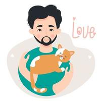 Cute happy man with beard and mustache with sleeping ginger cat. Vector illustration. concept of love for pets. happy man character in flat style for postcards, design, decoration and covers