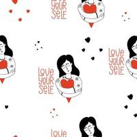 Seamless pattern with cute girl with big red heart hugging herself on white background. Vector illustration in hand drawn linear doodle style. pattern Love yourself for decor, design, wallpaper