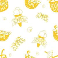 Seamless summer pattern. slice of watermelon and cocktail with inscription summer time and ice cream with sweet summer lettering on white background with seashells. Vector illustration for design