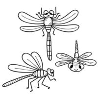 colección de lindas libélulas. insecto con alas. garabato dibujado a mano lineal. ilustración vectorial personaje para diseño, decoración, decoración e impresión. vector