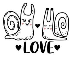 pair of cute snails in love and word love. Linear hand drawn doodle. Funny character clam snail. Vector illustration. For greeting cards, posters, design and decor, valentines.