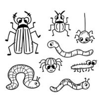 colección de lindos insectos - escarabajos, arañas y gusanos. dibujo manual lineal. ilustración vectorial elementos aislados para diseño, decoración, decoración e impresión. vector