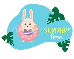 Tropical Summer Time postcard. Cute bunny floats on waterproof rubber ring. Vector illustration. Summer character hare for design, printing, postcards, flyers