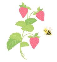 Summer Berry. Branches of strawberries with fruits and cute bee. Vector illustration