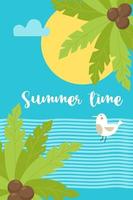 Summer time poster with sea and palm trees and seagull. Vector illustration. Vertical tropical beach card for flyers, postcards and promotional and travel brochures