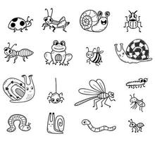 colección de vectores de insectos lindos. garabato dibujado a mano lineal. personajes decorativos aislados rana, caracol, escarabajos y araña, libélula y abeja, mariquita y mosquito para diseño, decoración, decoración