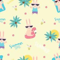 Summer tropical seamless pattern. Cute bunnies in sunglasses tourists with cocktail and on waterproof inflatable mattress on background with tropical palm trees. Vector illustration