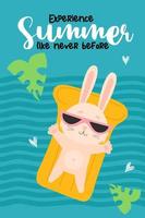 cartel tropical de verano con lindo conejo en gafas de sol sobre colchón de goma impermeable en el mar. Vive el verano como nunca antes. ilustración vectorial liebre de verano vector