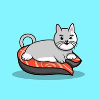 Cat on salmon design for your menu or restaurant. Happy full cat on a fish. Vector illustration.