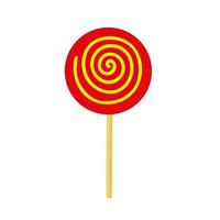 Round, red lollipop in the form of a spiral on a stick on a white background. vector