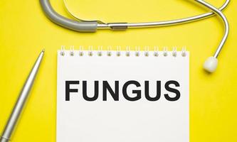 fungus word on notebook and stethoscope on yellow background photo