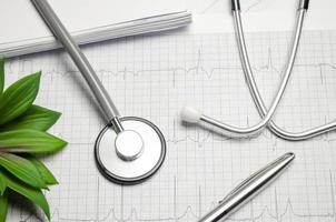 Stethoscope on cardiogram with pen and green plant on desk photo