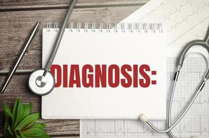 Diagnosis word on white notepad and stethoscope photo