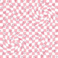 Trippy checkered seamless pattern with simple hearts. vector