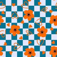 Romantic seamless pattern with flowers and hearts on checkered background. vector