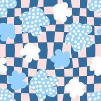 Summer spotted flowers seamless pattern on grid distorted background. vector