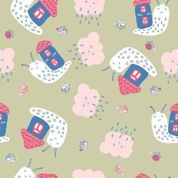 patrón transparente de verano retro con caracoles, mariposas y nubes lluviosas. vector