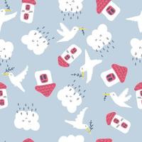 Seamless pattern with houses, white doves and rainy clouds. World peace theme print for T-shirt, textile and fabric. vector