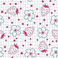 Doodle style strawberries and flowers seamless pattern on grid distorted background.