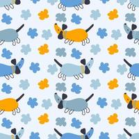 Hippie aesthetic seamless pattern with dachshunds and flowers. vector