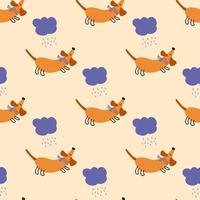 Seamless pattern with dachshund puppy run away from the rain. vector