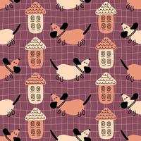 Seamless pattern with dachshunds and houses on checkered background. Trippy grid print for T-shirt, textile and fabric. Animalistic vector illustration for decor and design.