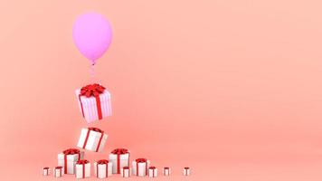 White gift box with red ribbon and pink balloon on pink pastel background.,minimal christmas and newyear concept., 3D rendering. photo