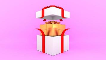 caja de regalo blanca abierta con cinta roja y caja dorada interior sobre fondo rosa.,concepto mínimo de navidad y año nuevo., representación 3d. foto