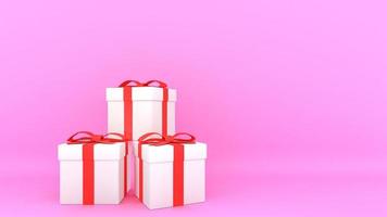 Decorative gift boxes with red bows and ribbons with pink background., 3D rendering.