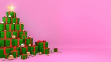 Green gift boxes with red ribbons laid out in the shape of a Christmas tree with pink background., 3D rendering. photo