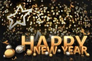 Golden happy new year typography with christmas ball and confetti gold on light bokeh background., 3D rendering. photo
