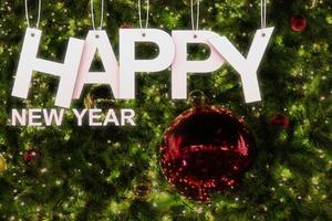 concepto de feliz año nuevo con papel cortado en cuerdas sobre la iluminación del fondo del árbol de navidad, representación 3d. foto