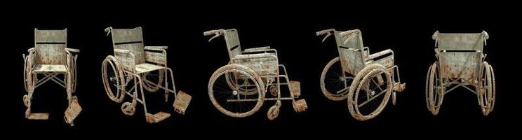 horror creepy and damage wheelchair isolated over black background with clipping path.,3D rendering. photo