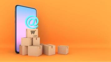 Many Paper boxes appeared and symbol from smartphones screen., shopping online or shopaholic concept, 3D rendering. photo