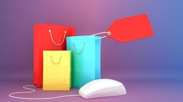 bolsas de compras de papel de colores y etiqueta de precio con mouse de computadora, concepto de compras en línea o concepto de adicto a las compras, representación 3d. foto