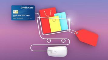 Colourful paper shopping bags and price tag and credit card with computer mouse., shopping online concept or shopaholic concept, 3D rendering. photo
