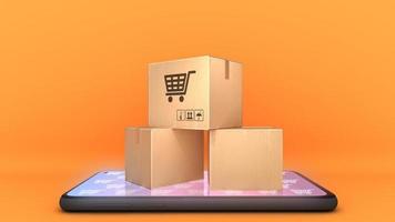 Many Paper boxes on mobile phone with orange Background., shopping online or shopaholic concept, 3D rendering. photo