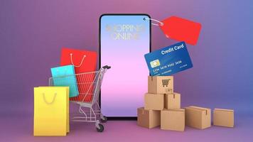 Many Paper boxes and Colourful paper shopping bags and credit card in a cart appeared from smartphones screen., shopping online or shopaholic concept, 3D rendering. photo